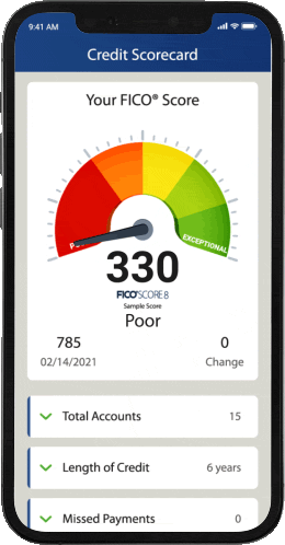 Smartphone showing animation of FICO Score increasing from a poor score of 330 to a good score of 785